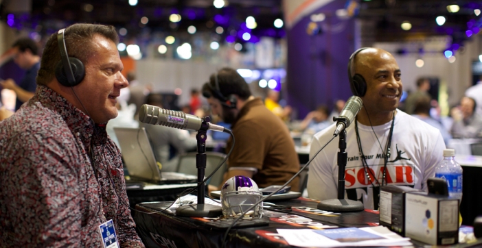 Behind the microphone at Super Bowl Radio Row